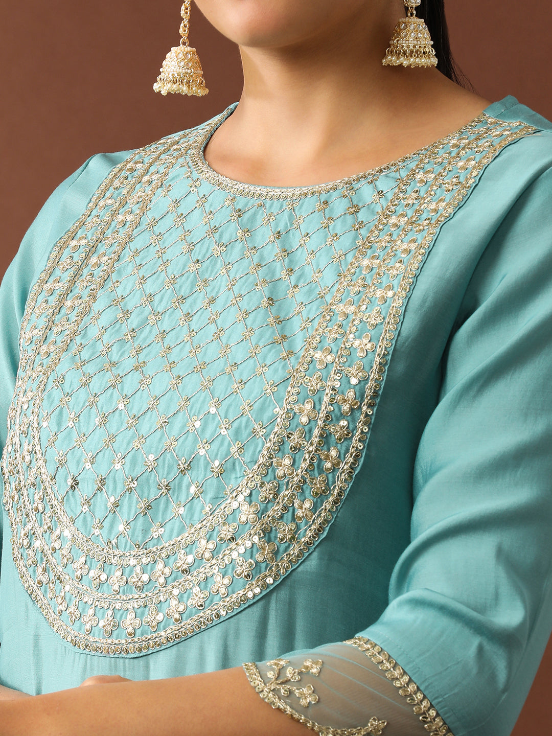 Floral Embroidered Straight Silk Blend Kurta & Trousers Sets