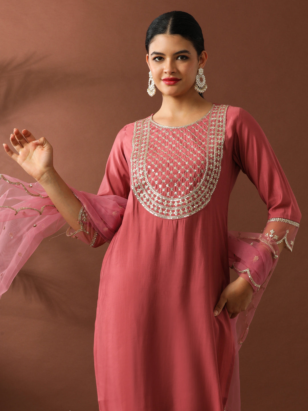 Floral Embroidered Straight Silk Blend Kurta & Trousers Sets