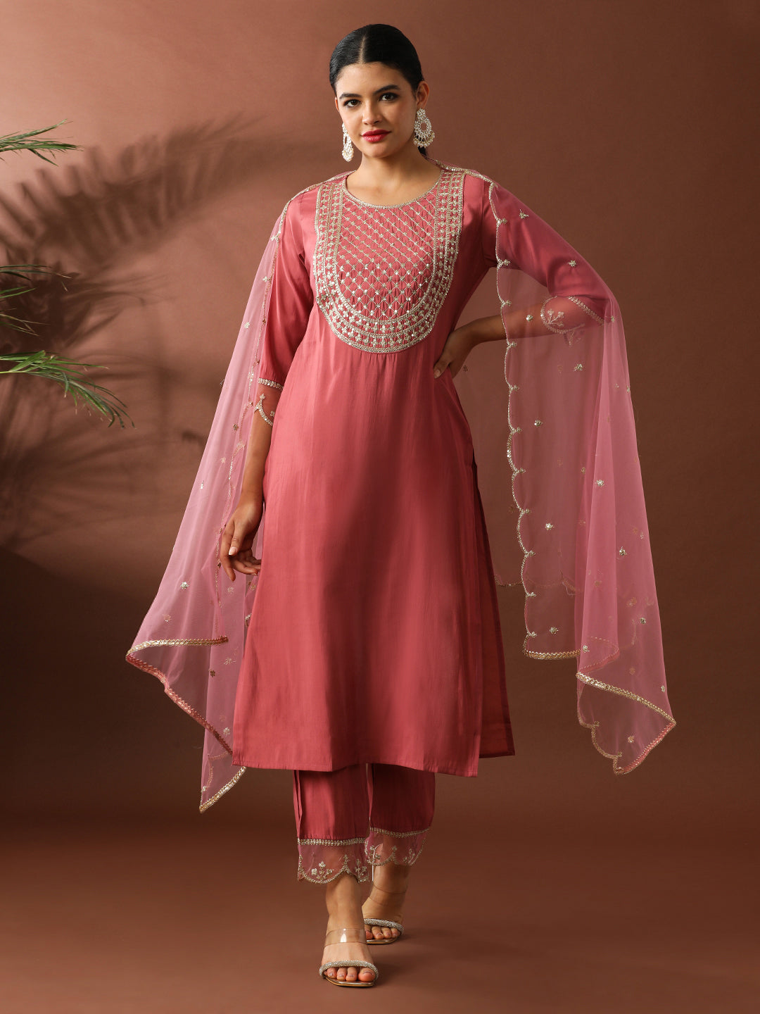 Floral Embroidered Straight Silk Blend Kurta & Trousers Sets