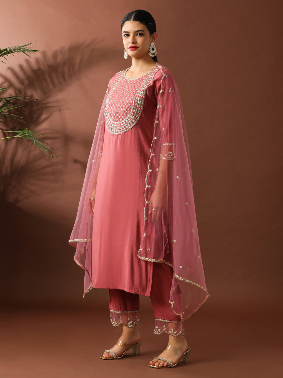 Floral Embroidered Straight Silk Blend Kurta & Trousers Sets