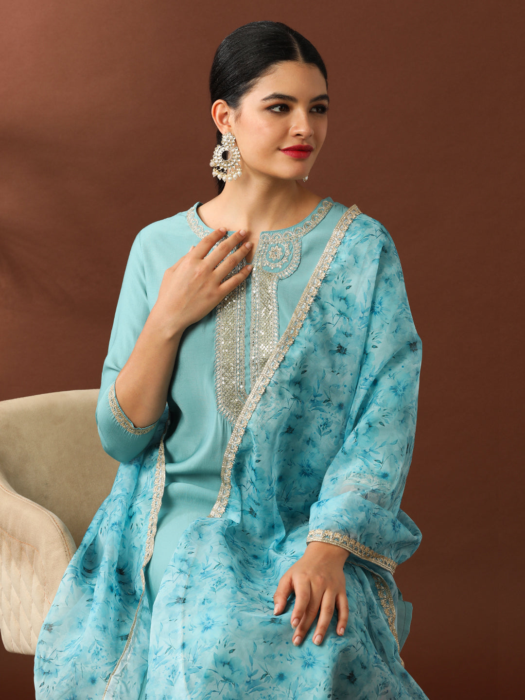Floral Embroidered Straight Silk Blend Kurta & Trousers Sets