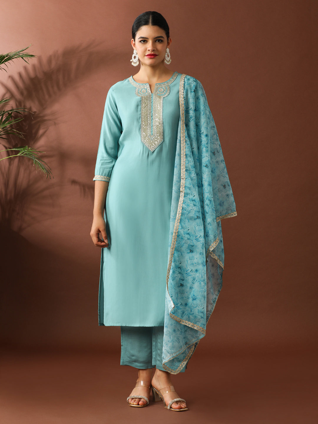 Floral Embroidered Straight Silk Blend Kurta & Trousers Sets