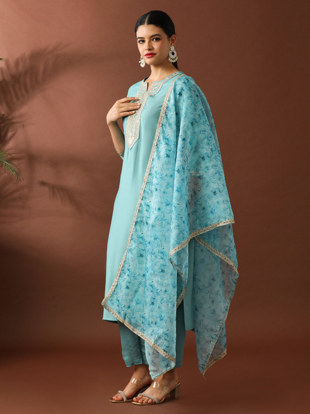 Floral Embroidered Straight Silk Blend Kurta & Trousers Sets