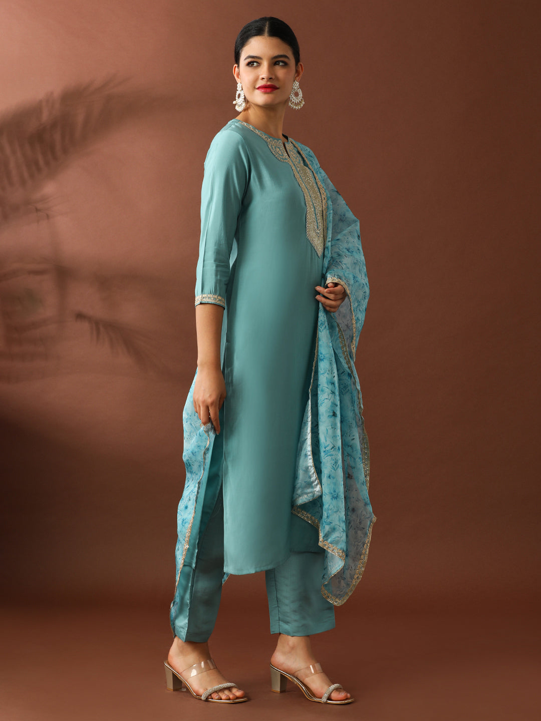 Floral Embroidered Straight Silk Blend Kurta & Trousers Sets