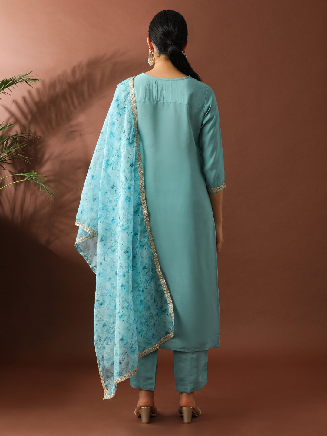 Floral Embroidered Straight Silk Blend Kurta & Trousers Sets