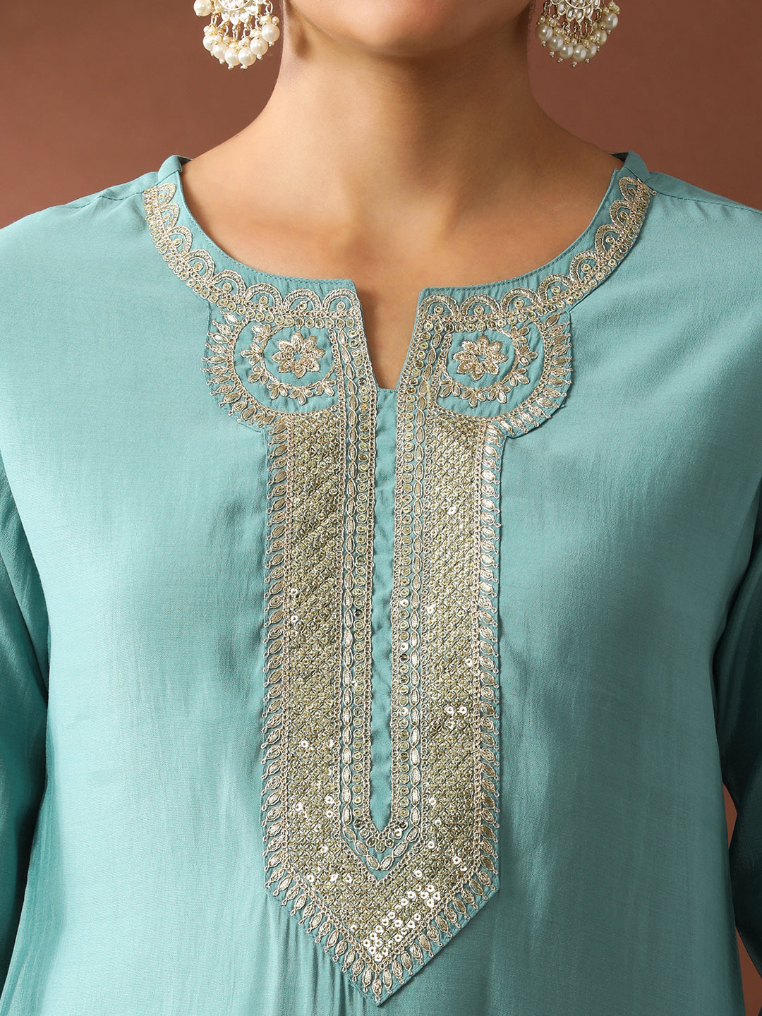 Floral Embroidered Straight Silk Blend Kurta & Trousers Sets