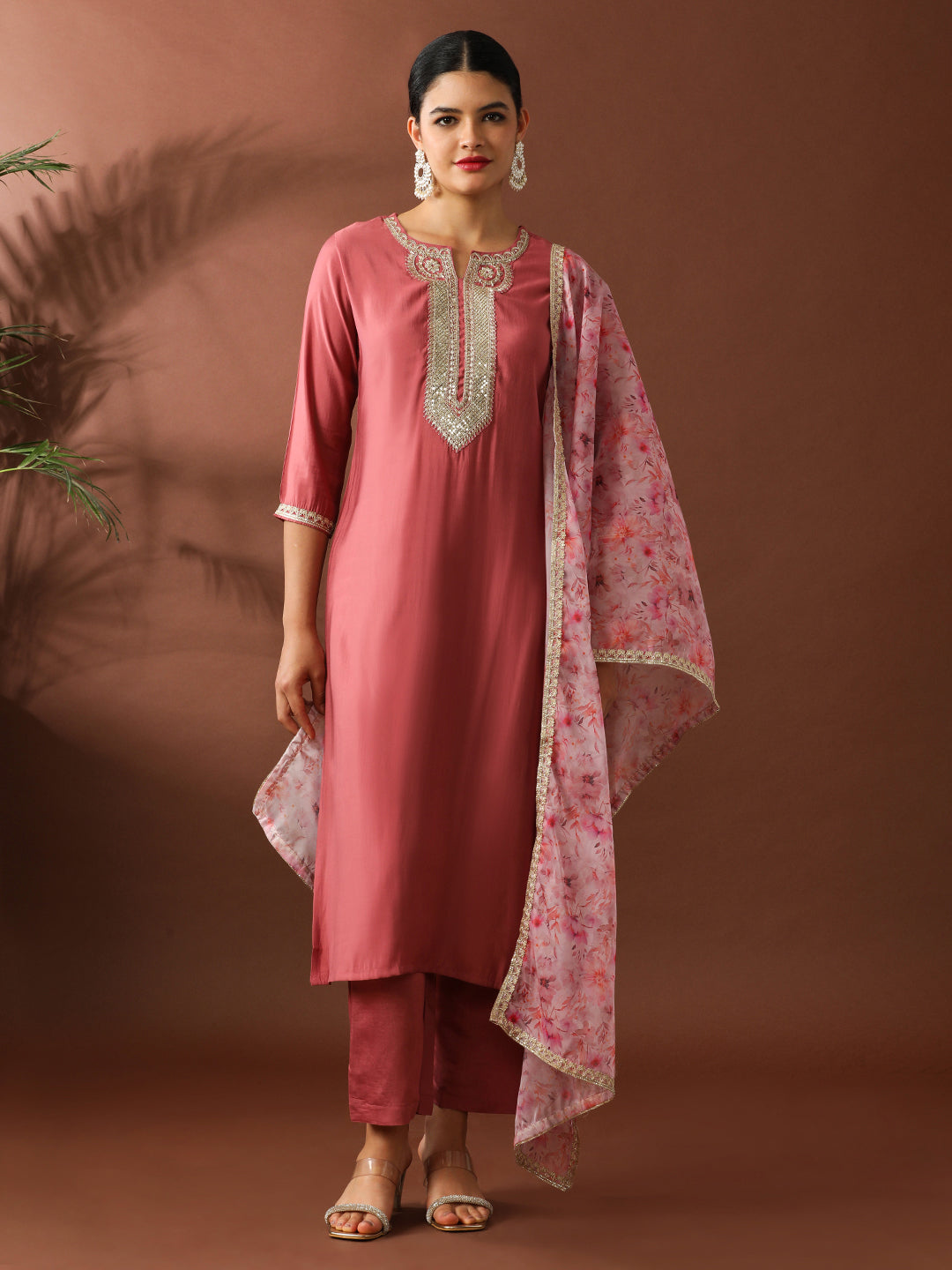 Floral Embroidered Straight Silk Blend Kurta & Trousers Sets