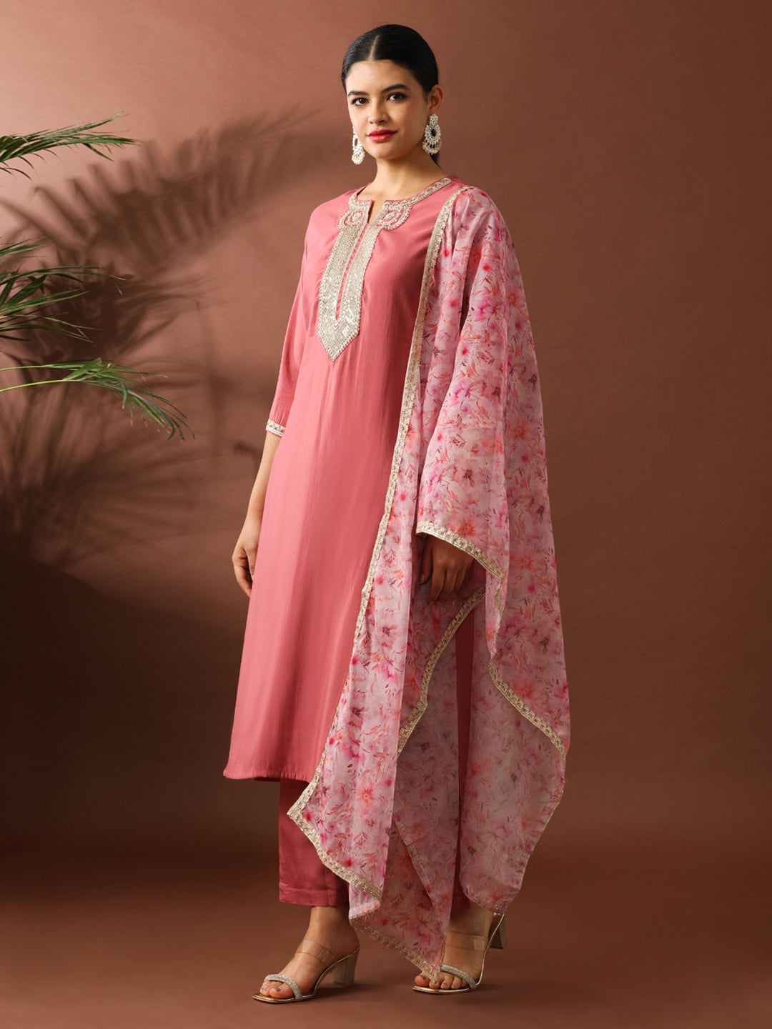 Floral Embroidered Straight Silk Blend Kurta & Trousers Sets
