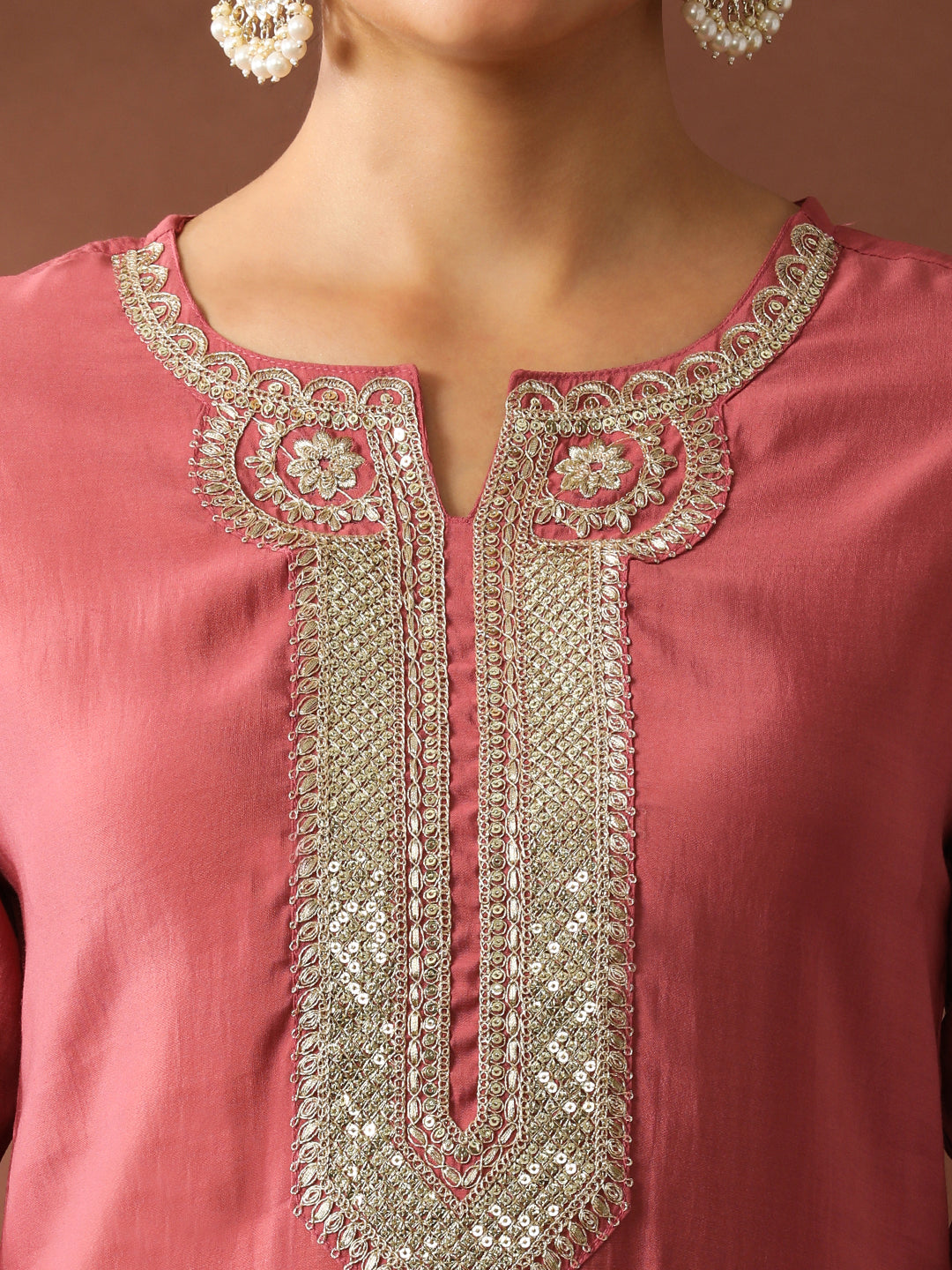 Floral Embroidered Straight Silk Blend Kurta & Trousers Sets