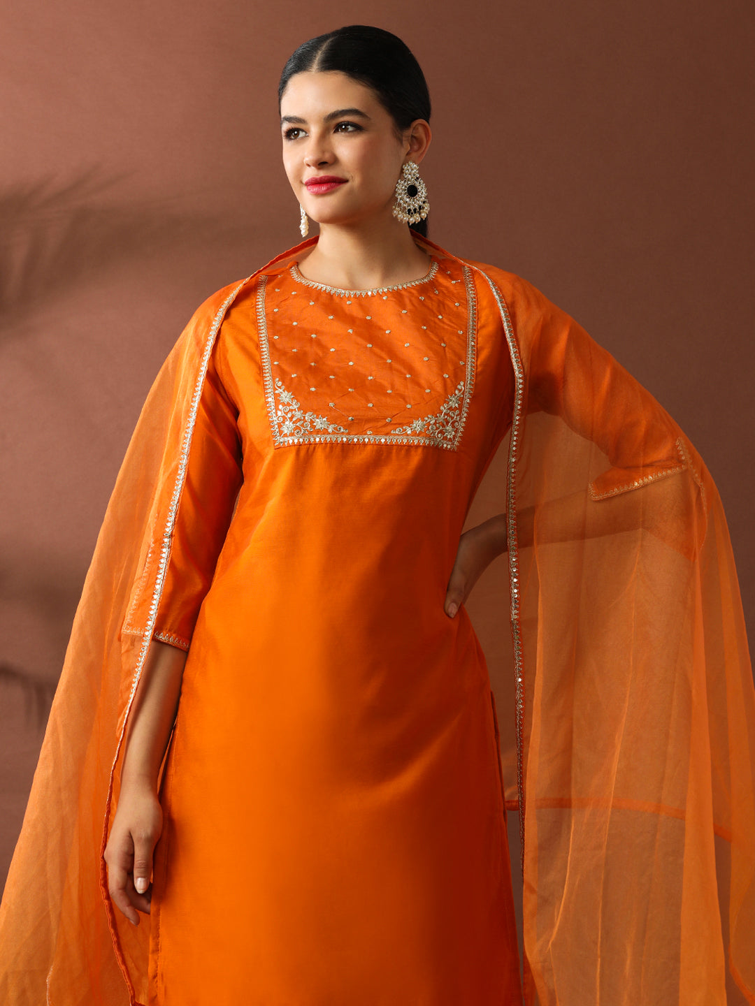 Floral Embroidered Straight Chanderi Cotton Kurta & Trousers Sets