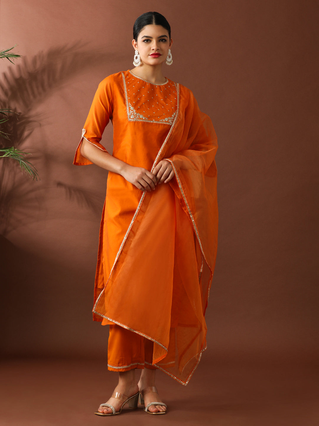 Floral Embroidered Straight Chanderi Cotton Kurta & Trousers Sets
