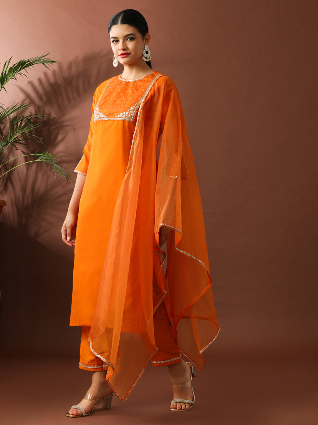 Floral Embroidered Straight Chanderi Cotton Kurta & Trousers Sets