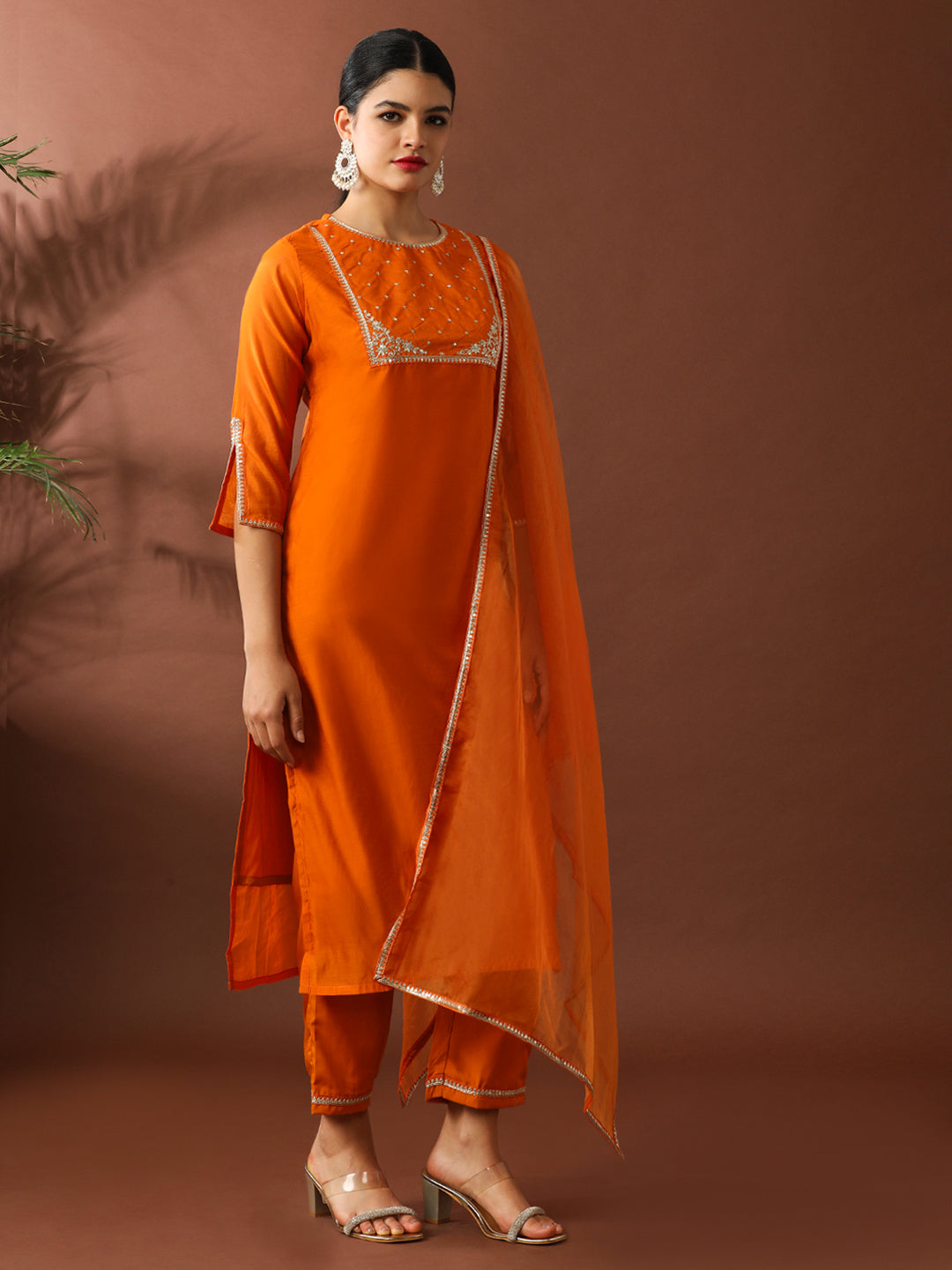 Floral Embroidered Straight Chanderi Cotton Kurta & Trousers Sets