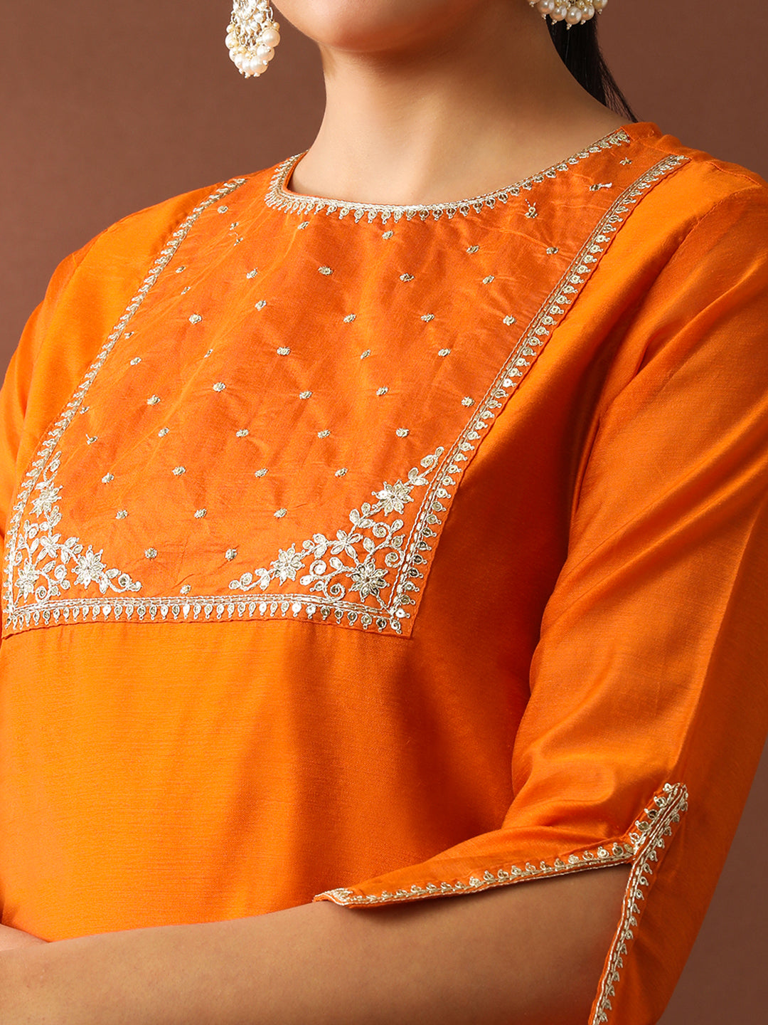 Floral Embroidered Straight Chanderi Cotton Kurta & Trousers Sets