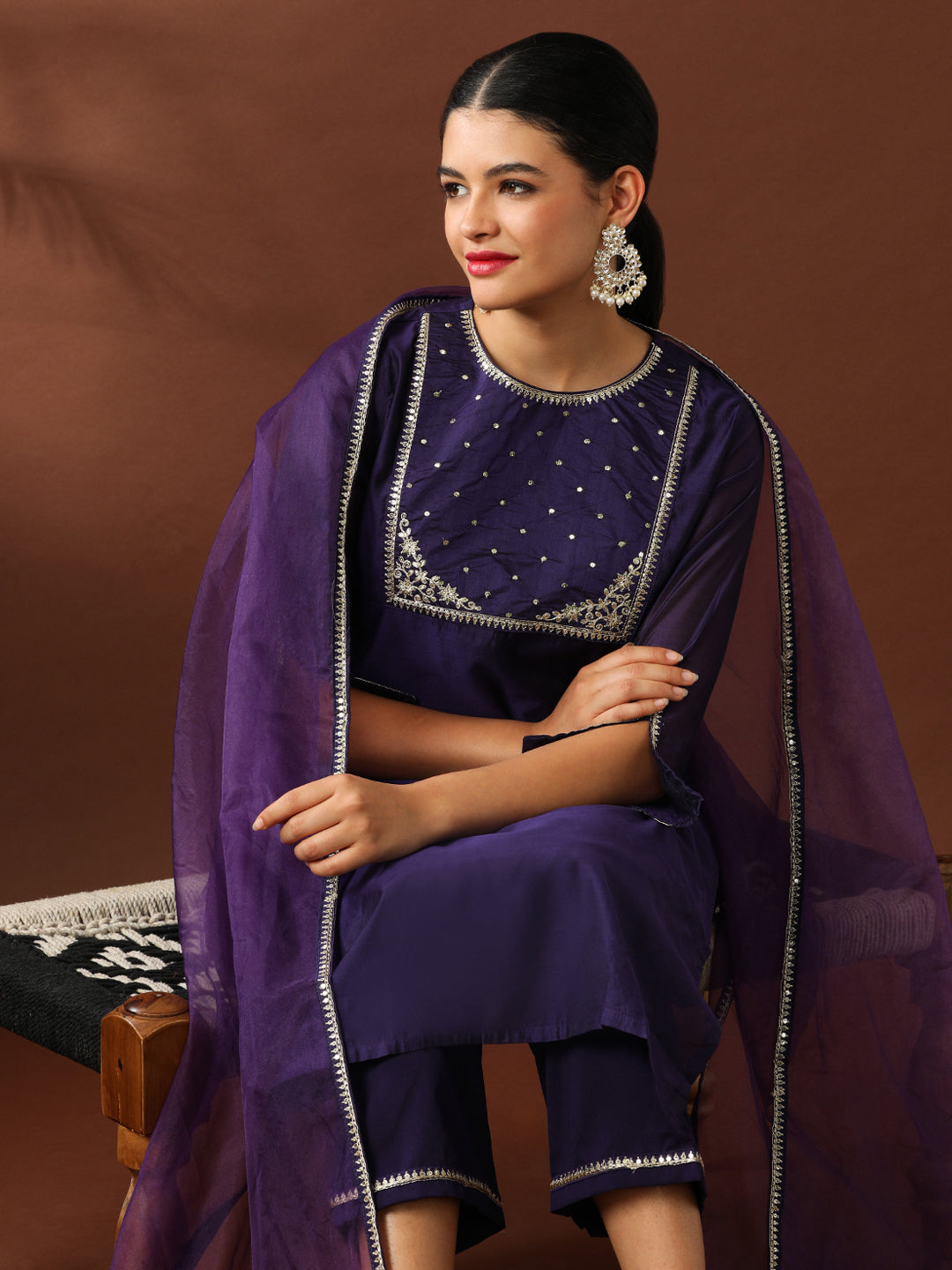 Floral Embroidered Straight Chanderi Cotton Kurta & Trousers Sets