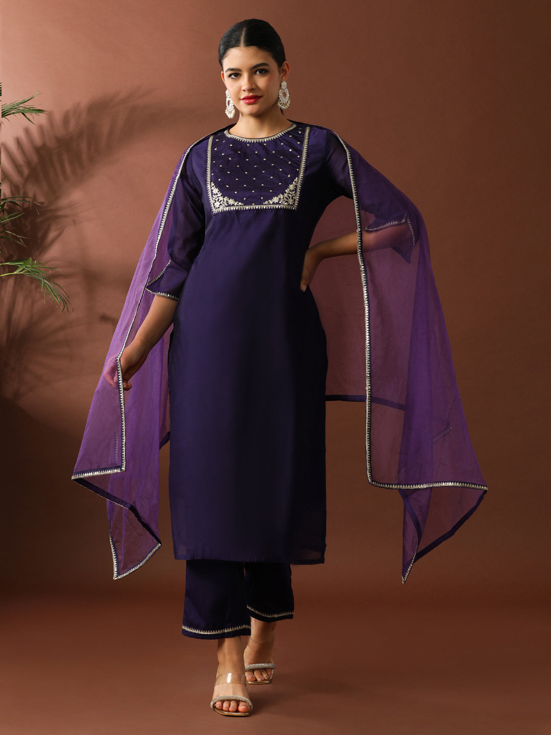 Floral Embroidered Straight Chanderi Cotton Kurta & Trousers Sets