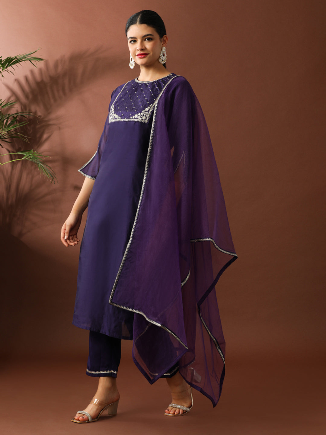 Floral Embroidered Straight Chanderi Cotton Kurta & Trousers Sets