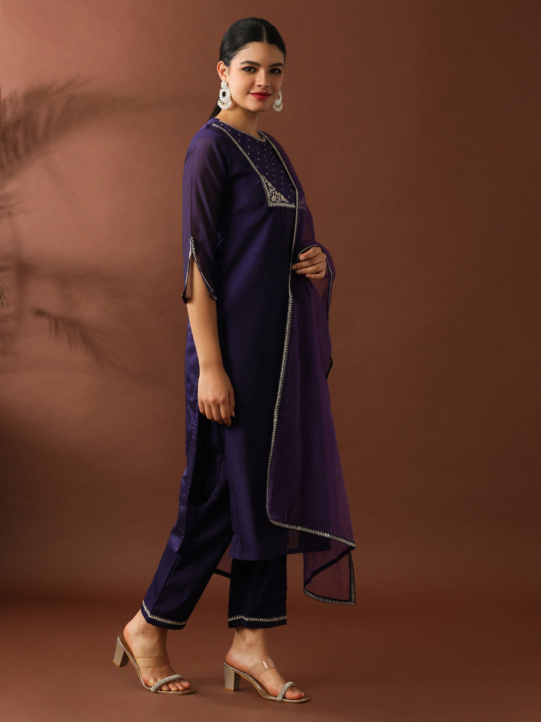 Floral Embroidered Straight Chanderi Cotton Kurta & Trousers Sets