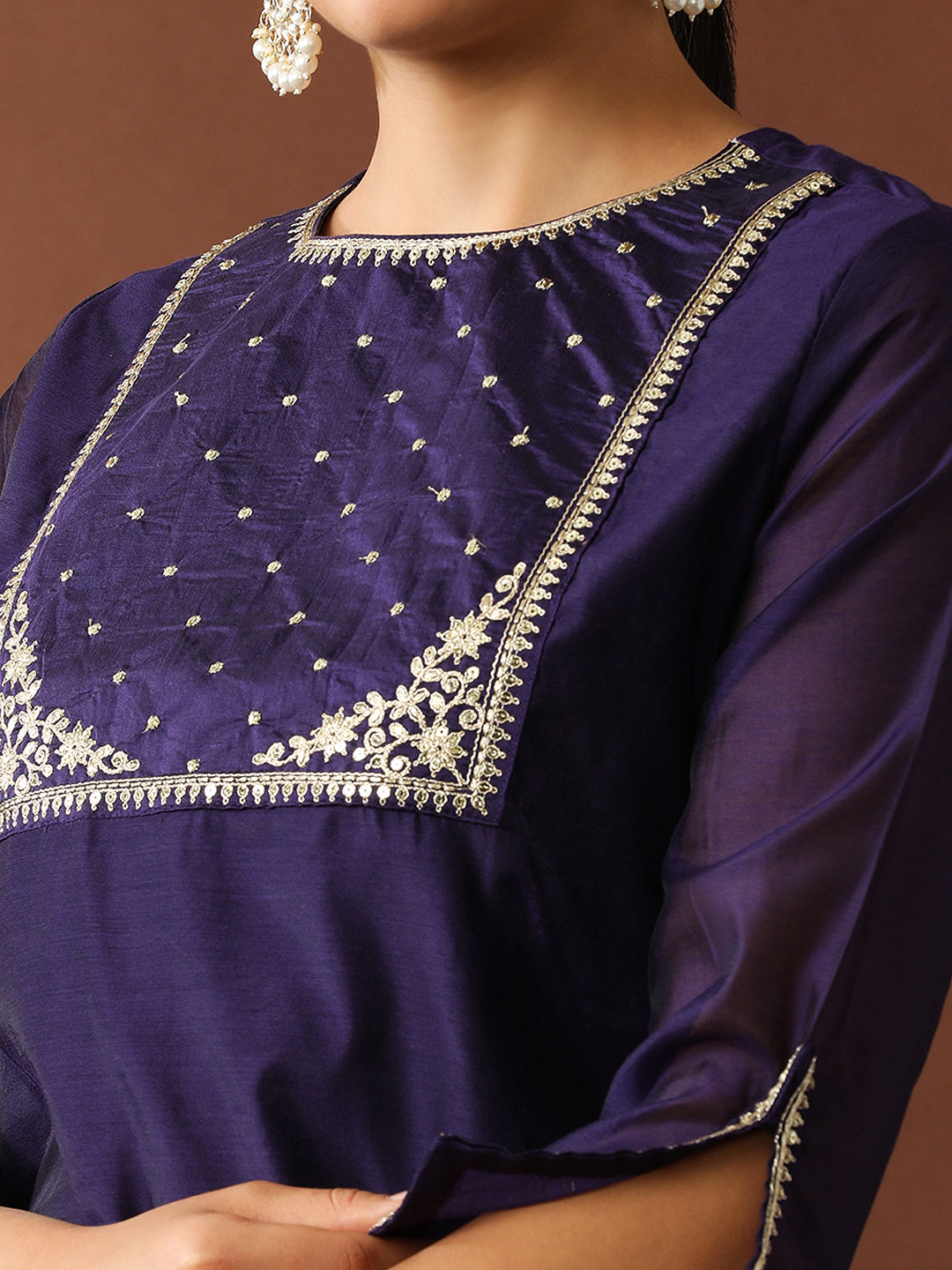 Floral Embroidered Straight Chanderi Cotton Kurta & Trousers Sets