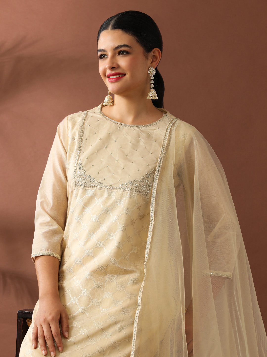 Floral Embroidered Straight Chanderi Cotton Kurta & Trousers Sets