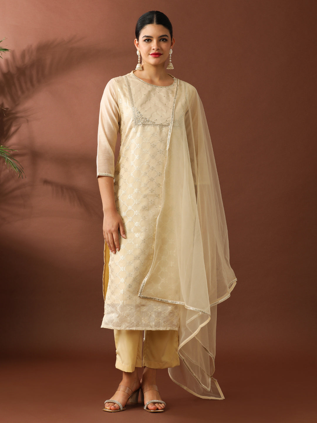 Floral Embroidered Straight Chanderi Cotton Kurta & Trousers Sets