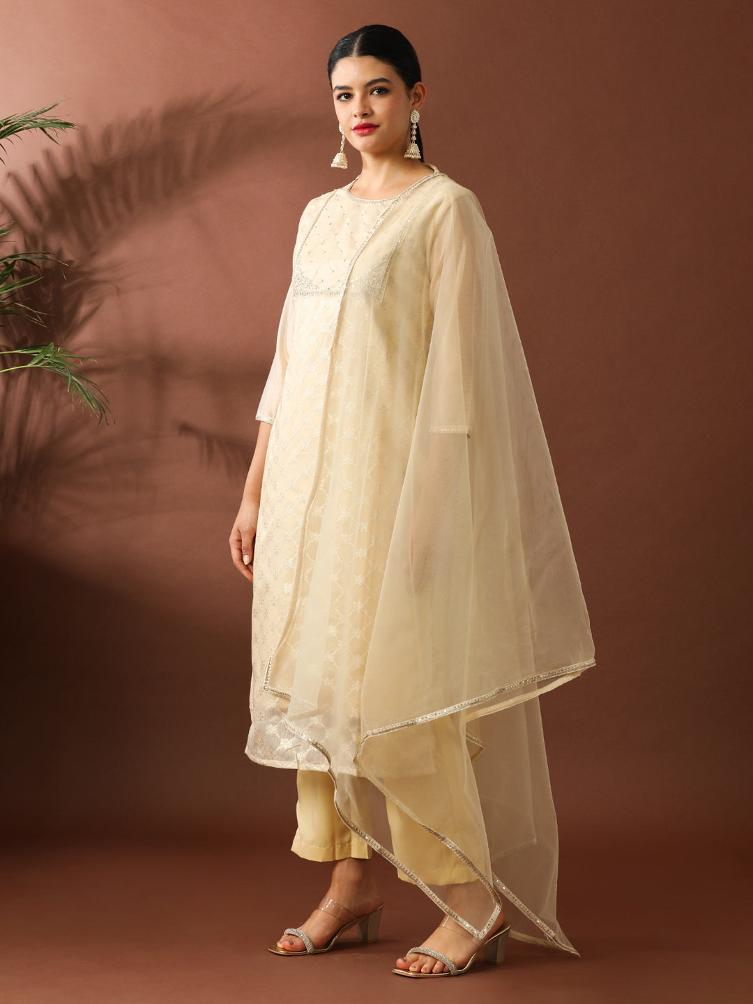 Floral Embroidered Straight Chanderi Cotton Kurta & Trousers Sets