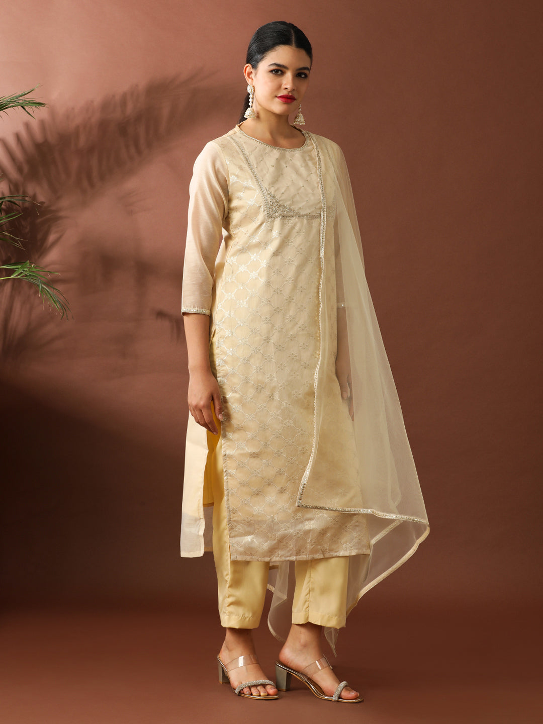 Floral Embroidered Straight Chanderi Cotton Kurta & Trousers Sets