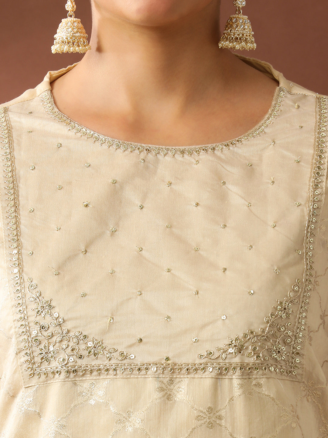 Floral Embroidered Straight Chanderi Cotton Kurta & Trousers Sets