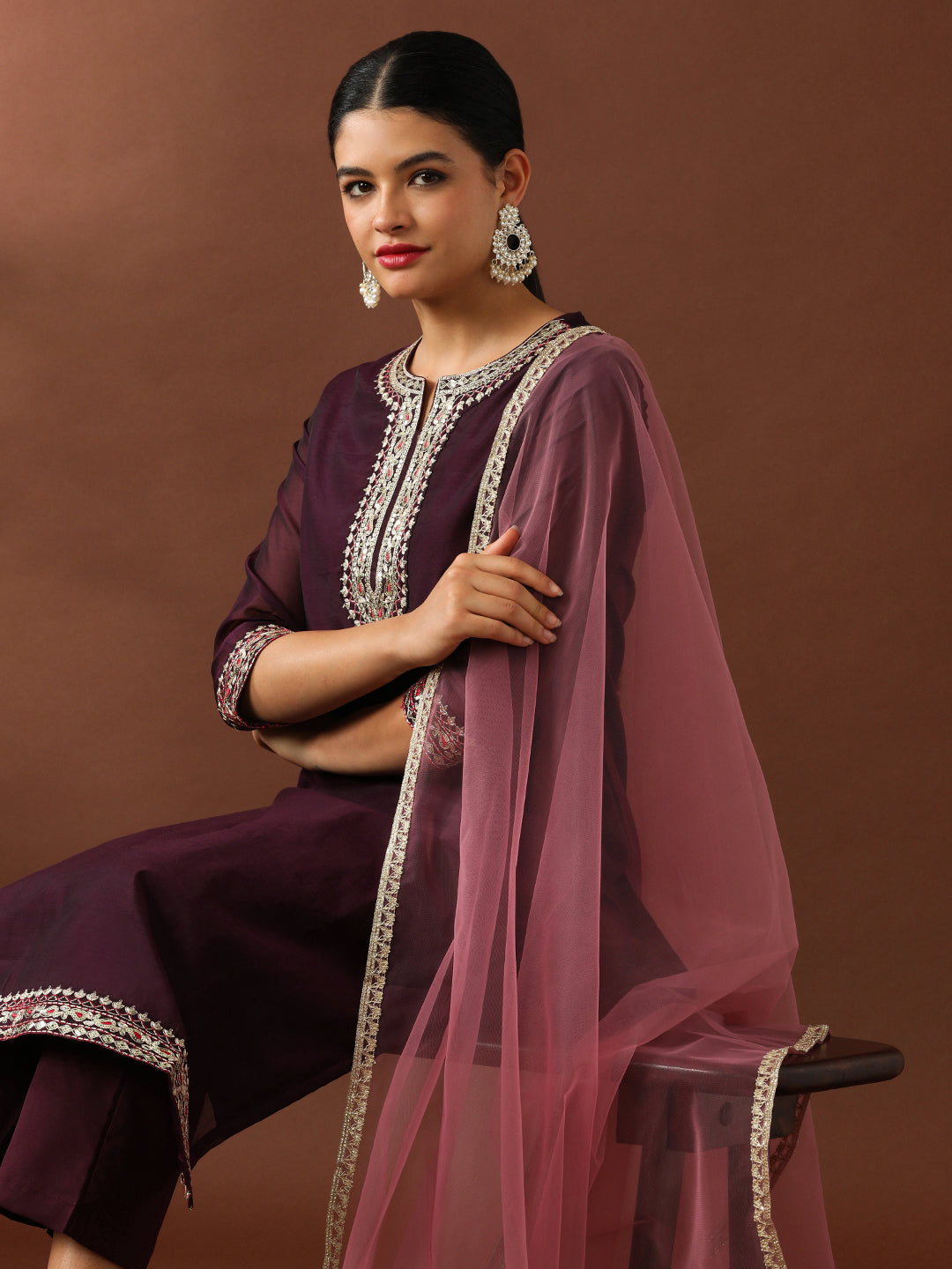 Floral Embroidered Straight Chanderi Cotton Kurta & Trousers Sets