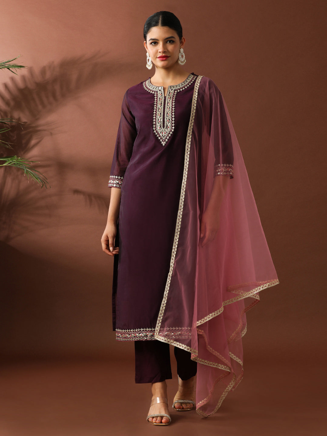 Floral Embroidered Straight Chanderi Cotton Kurta & Trousers Sets