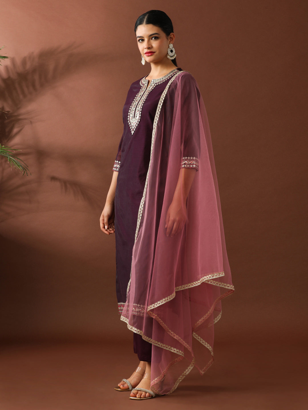 Floral Embroidered Straight Chanderi Cotton Kurta & Trousers Sets