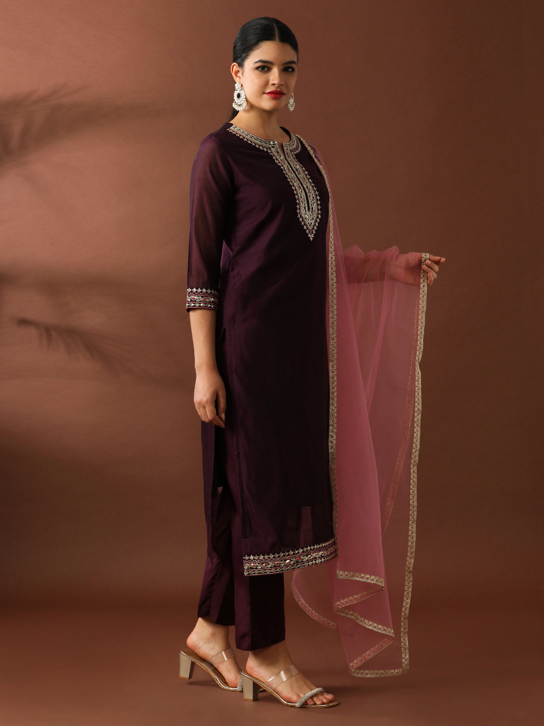 Floral Embroidered Straight Chanderi Cotton Kurta & Trousers Sets