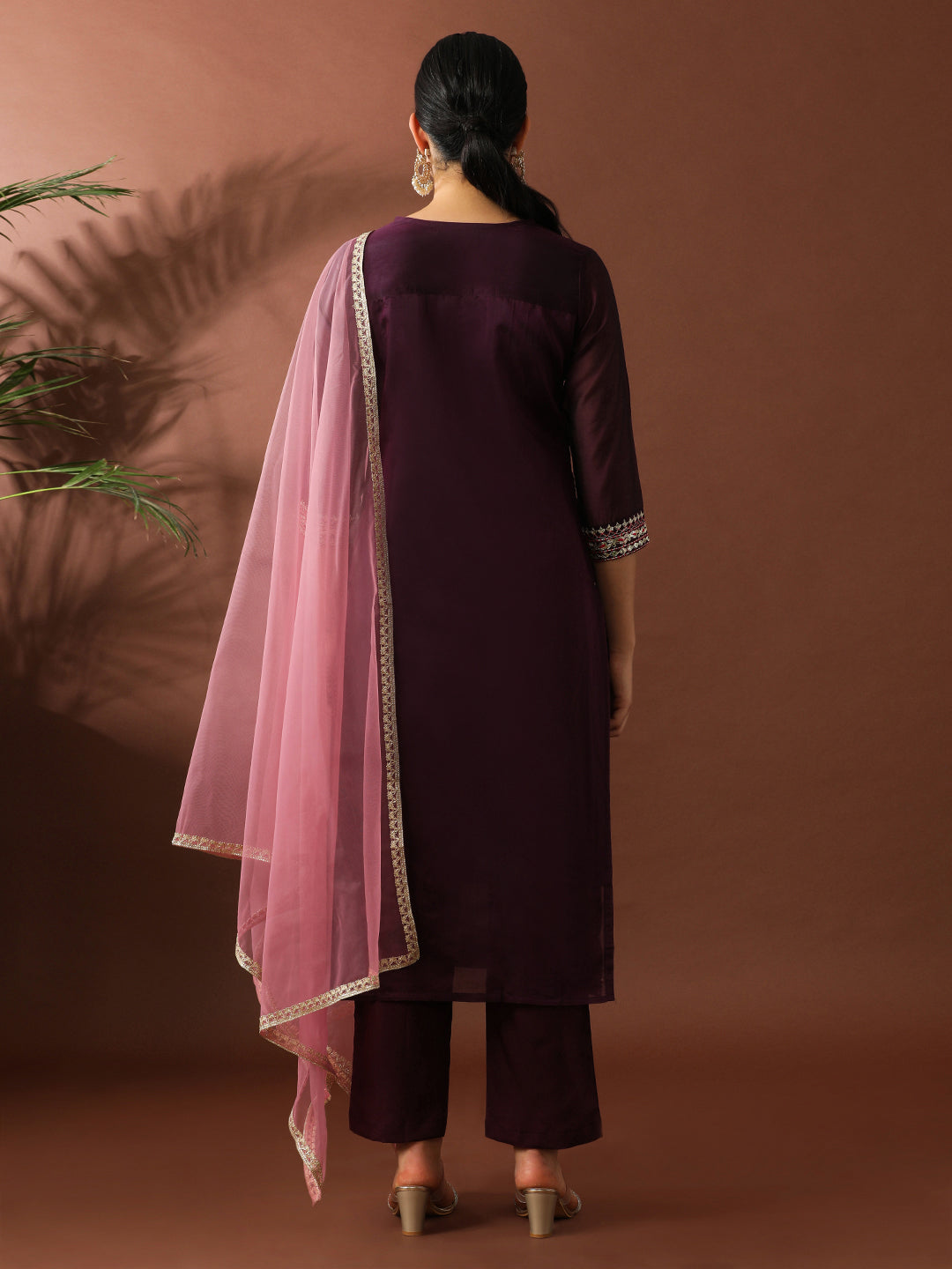 Floral Embroidered Straight Chanderi Cotton Kurta & Trousers Sets