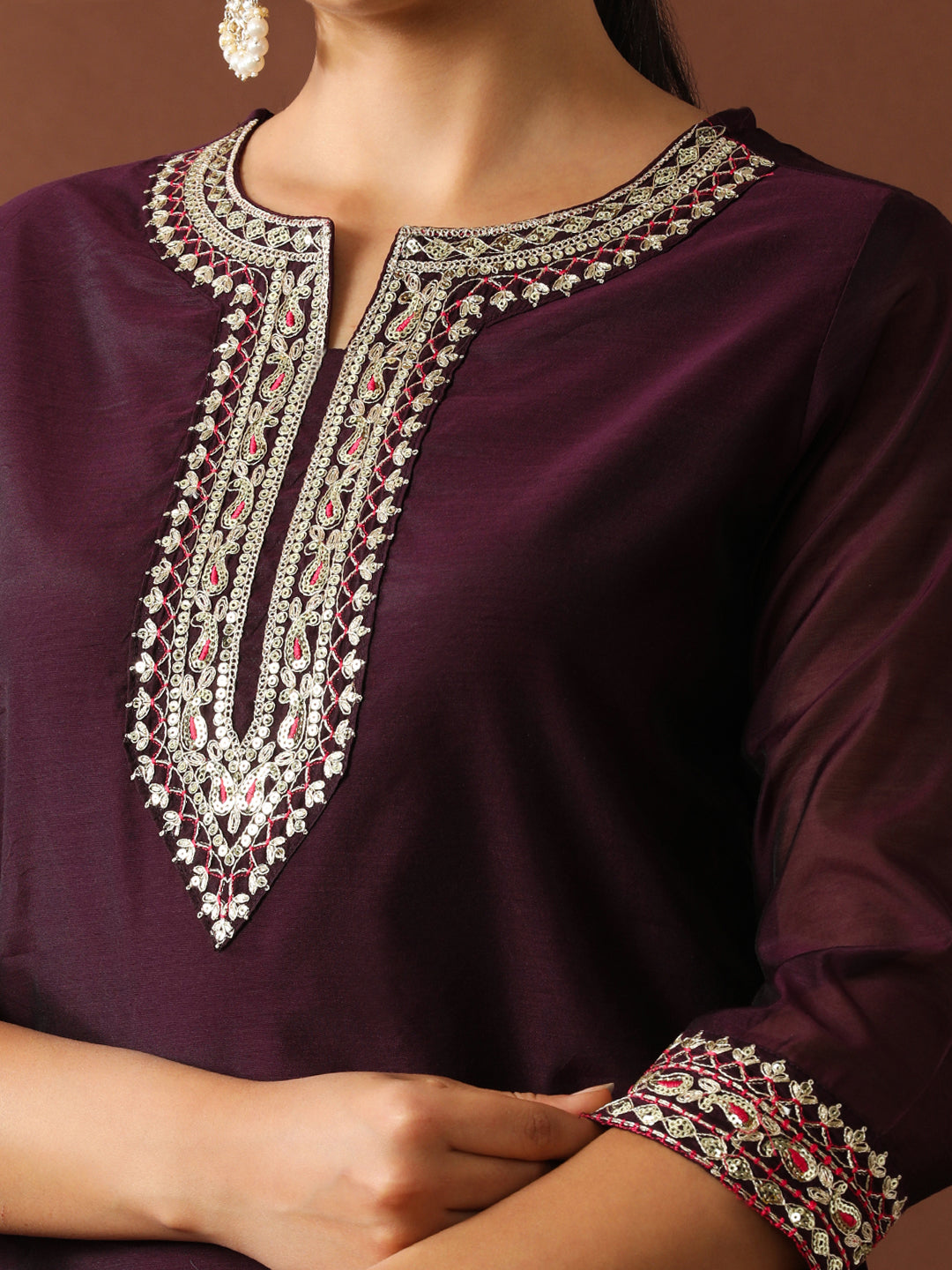 Floral Embroidered Straight Chanderi Cotton Kurta & Trousers Sets