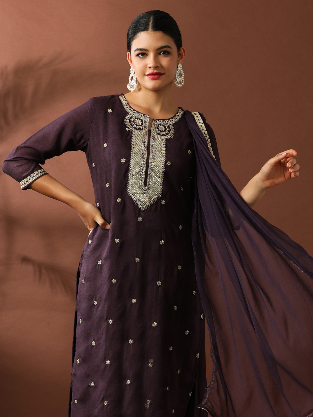 Floral Embroidered Straight Silk Blend Kurta & Trousers Sets