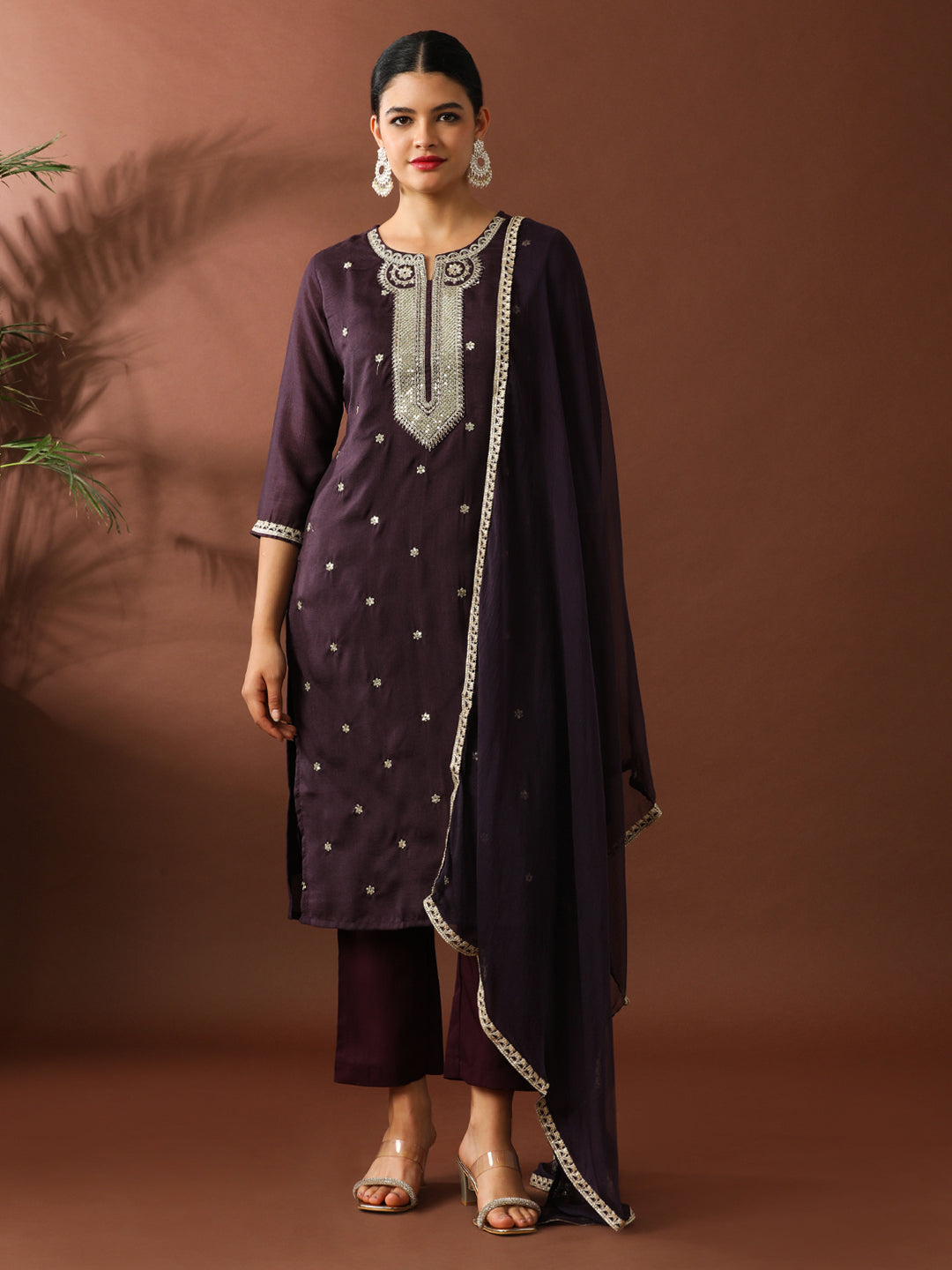 Floral Embroidered Straight Silk Blend Kurta & Trousers Sets