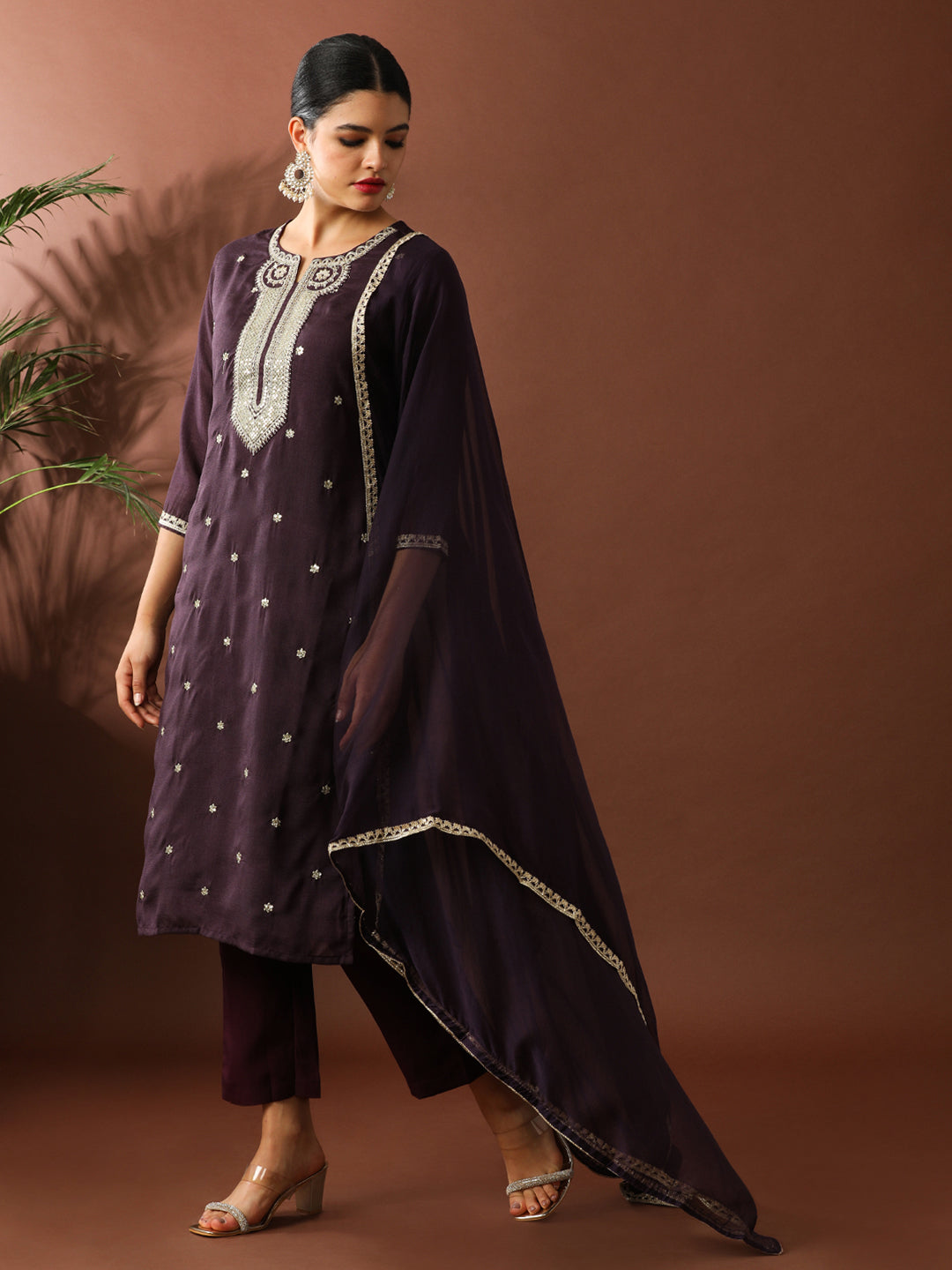 Floral Embroidered Straight Silk Blend Kurta & Trousers Sets