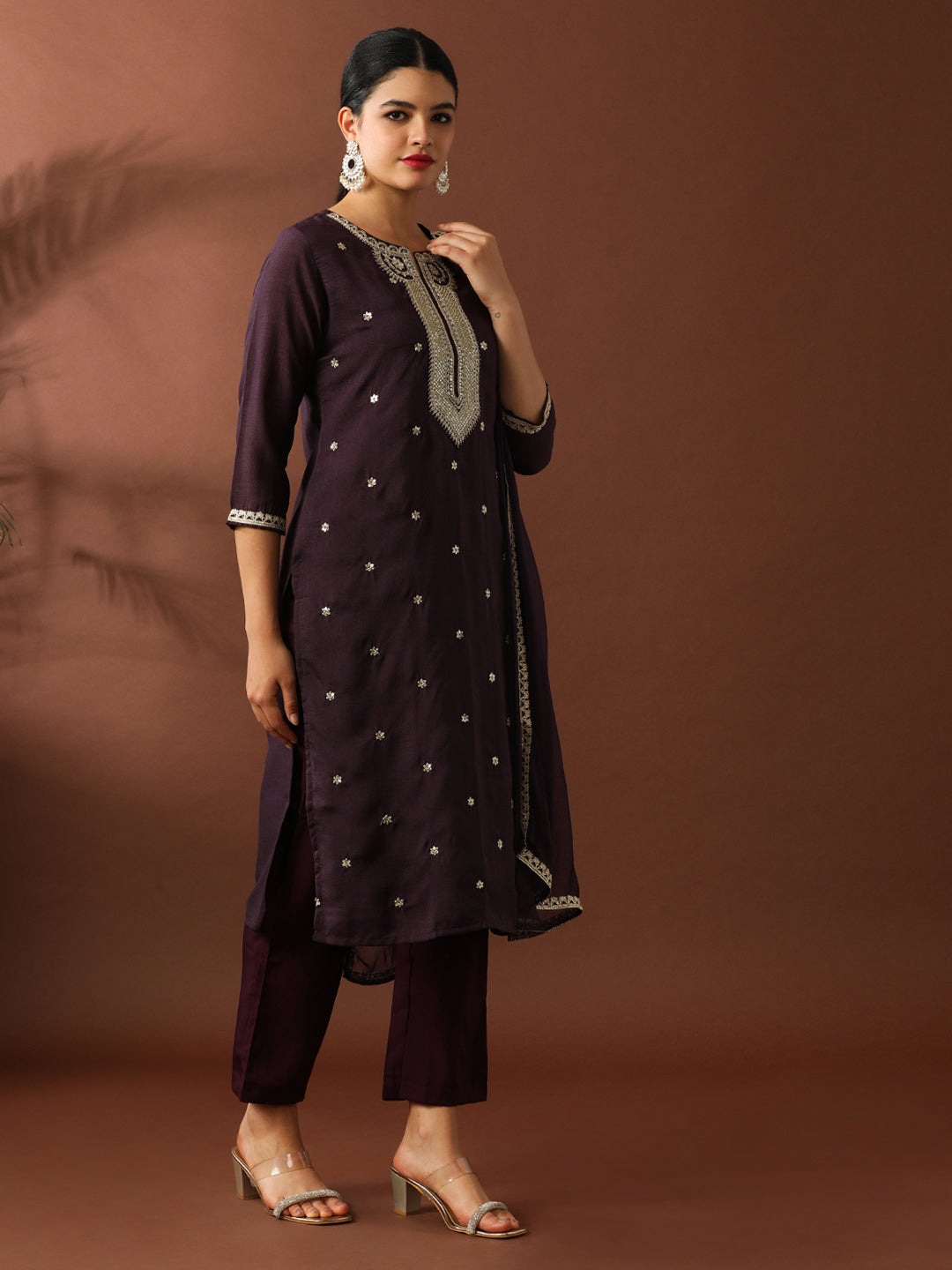Floral Embroidered Straight Silk Blend Kurta & Trousers Sets