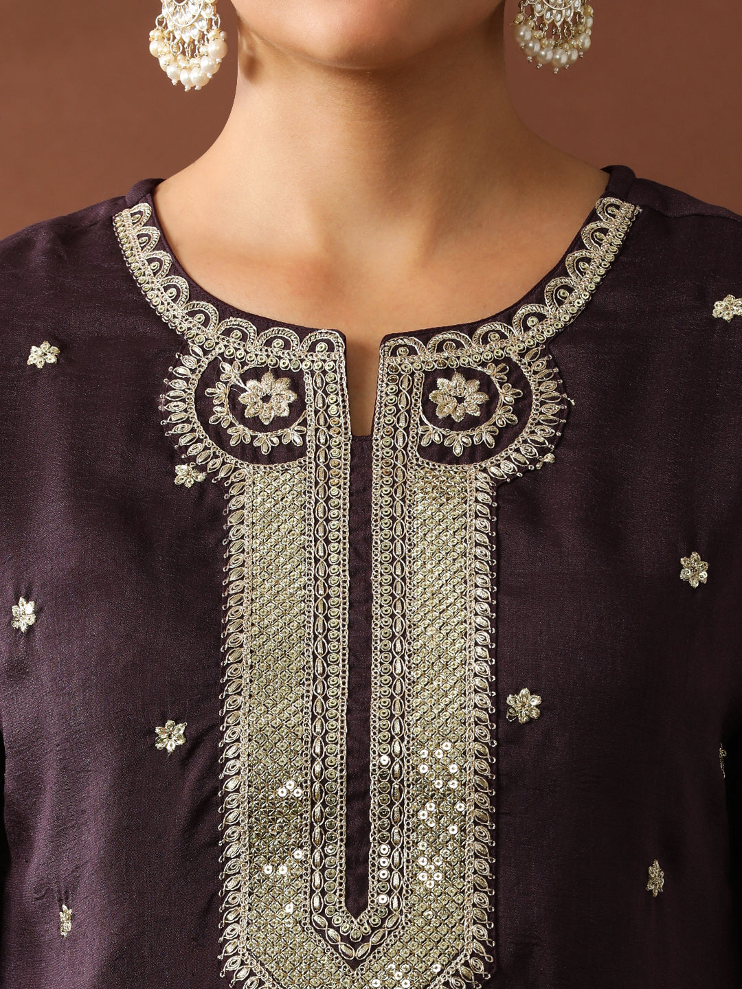 Floral Embroidered Straight Silk Blend Kurta & Trousers Sets