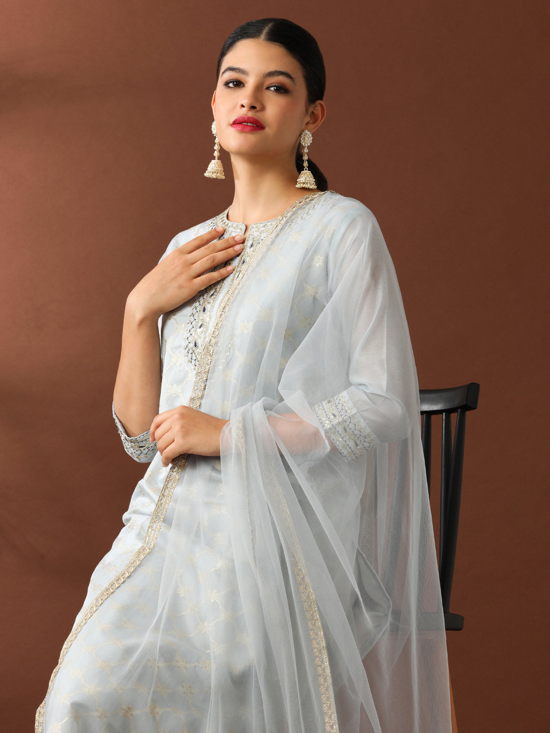Floral Embroidered Straight Chanderi Cotton Kurta & Trousers Sets