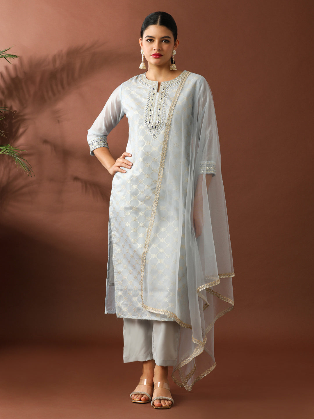 Floral Embroidered Straight Chanderi Cotton Kurta & Trousers Sets