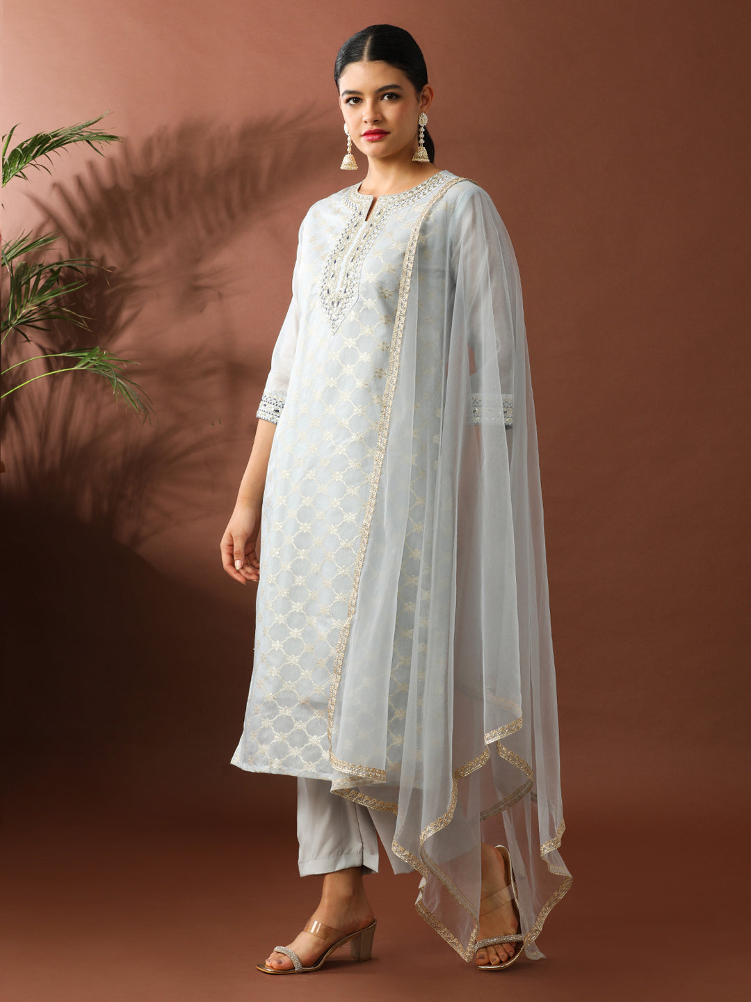 Floral Embroidered Straight Chanderi Cotton Kurta & Trousers Sets