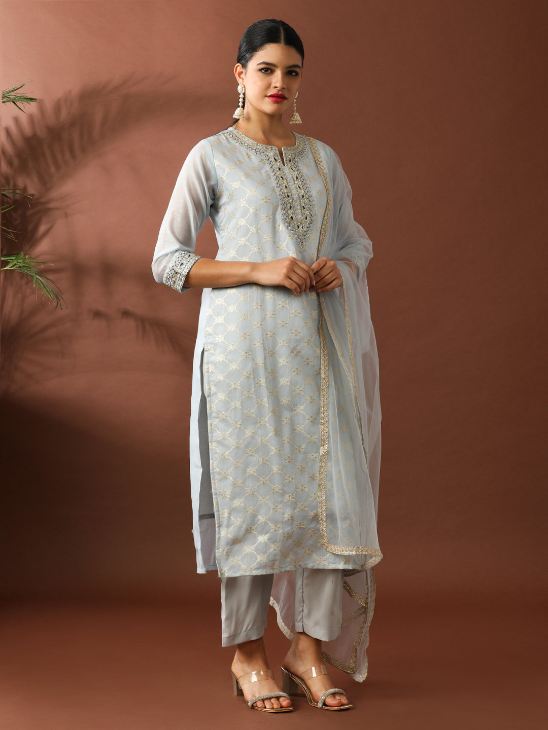 Floral Embroidered Straight Chanderi Cotton Kurta & Trousers Sets