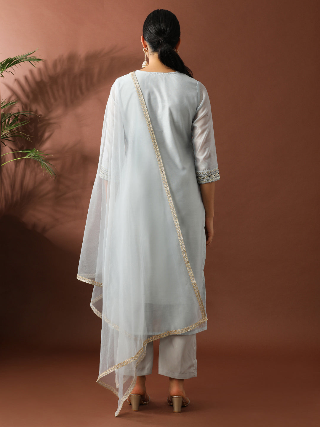 Floral Embroidered Straight Chanderi Cotton Kurta & Trousers Sets