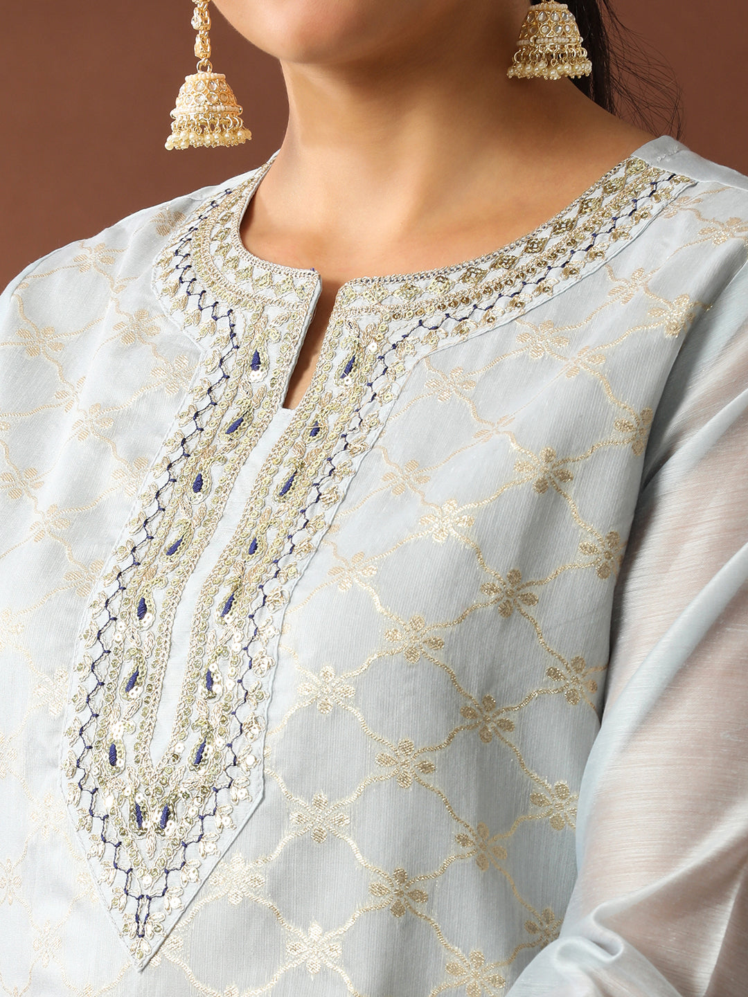 Floral Embroidered Straight Chanderi Cotton Kurta & Trousers Sets