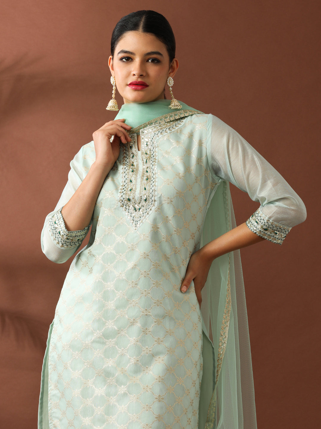 Floral Embroidered Straight Chanderi Cotton Kurta & Trousers Sets