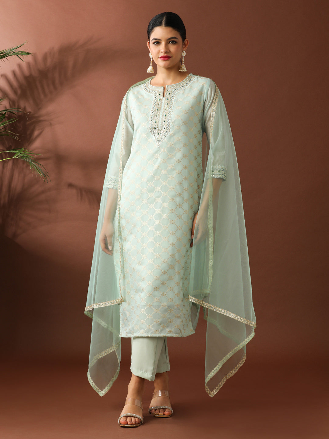 Floral Embroidered Straight Chanderi Cotton Kurta & Trousers Sets