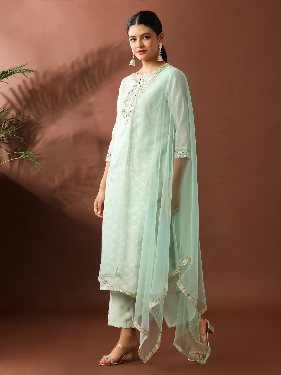 Floral Embroidered Straight Chanderi Cotton Kurta & Trousers Sets