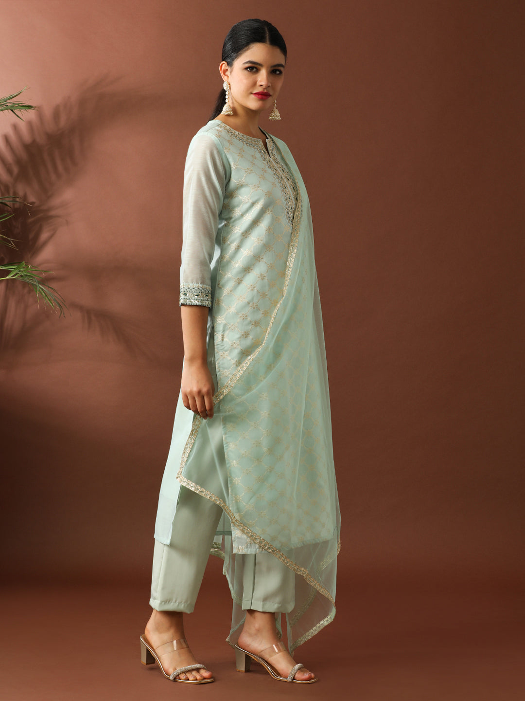 Floral Embroidered Straight Chanderi Cotton Kurta & Trousers Sets
