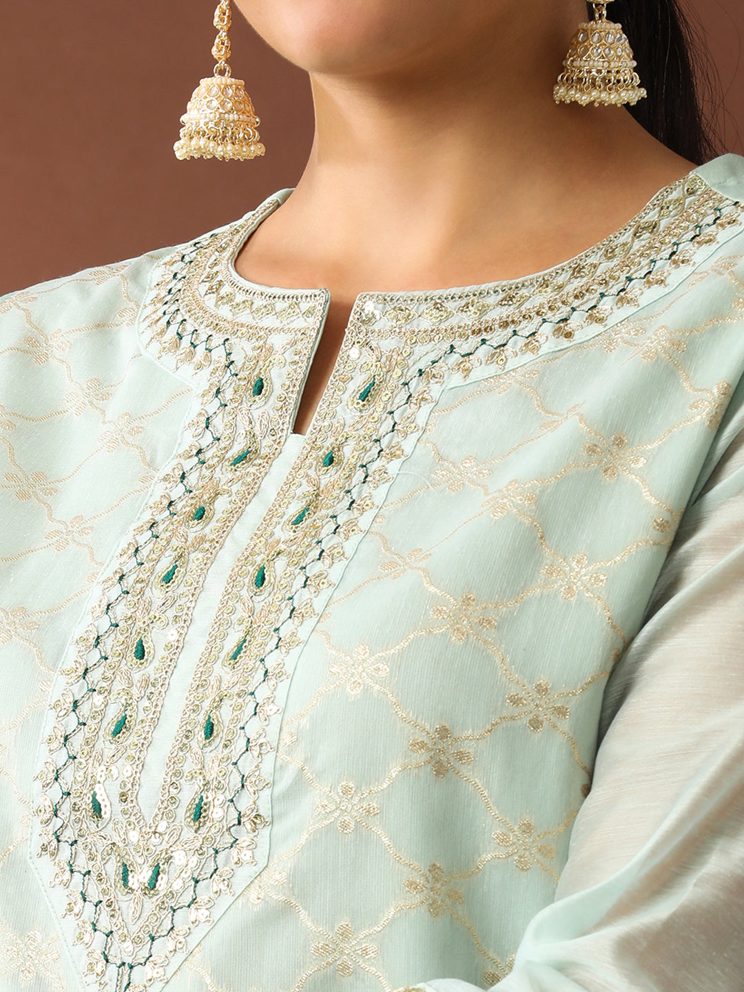 Floral Embroidered Straight Chanderi Cotton Kurta & Trousers Sets